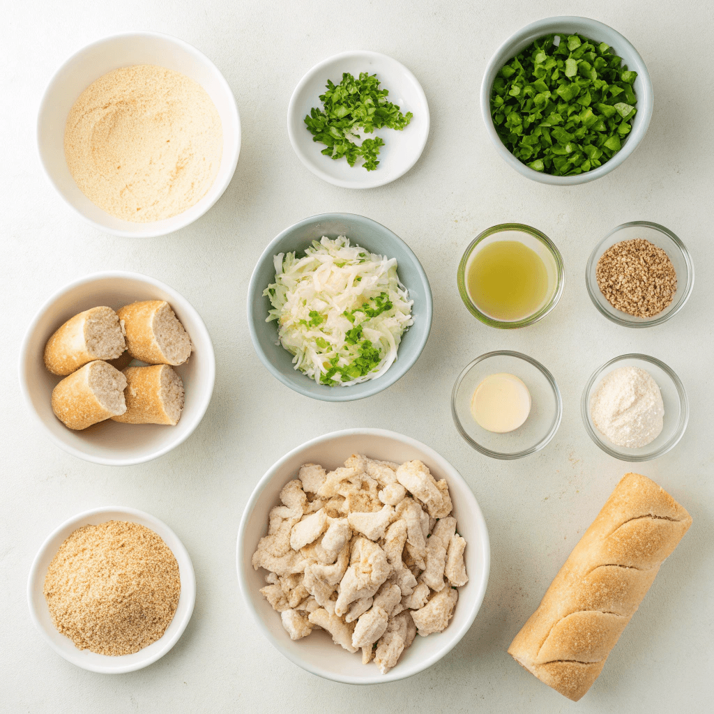 Flat-lay ingredients for chicken pillows including crescent rolls, chicken, cream cheese, and breadcrumbs