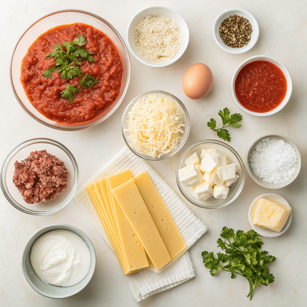 Flat-lay ingredients for million dollar lasagna including noodles, meat, cheeses, and sauces