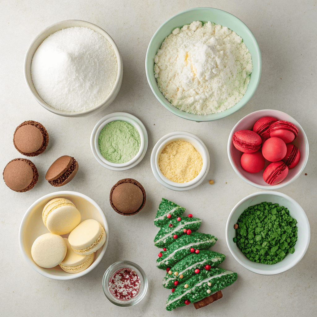 Flat-lay of macaron ingredients including almond flour, powdered sugar, butter, cream, and sprinkles