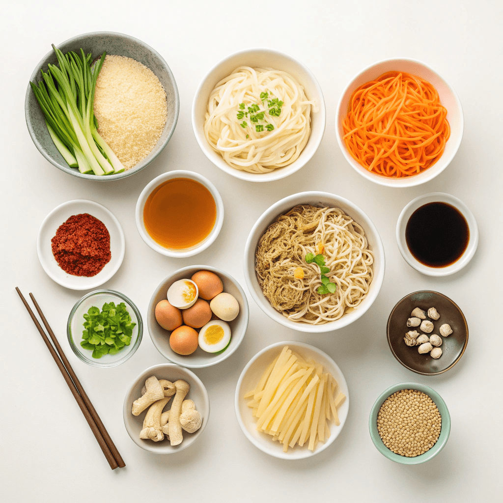 Flat-lay ramen ingredients including broth, eggs, noodles, vegetables, and seasonings