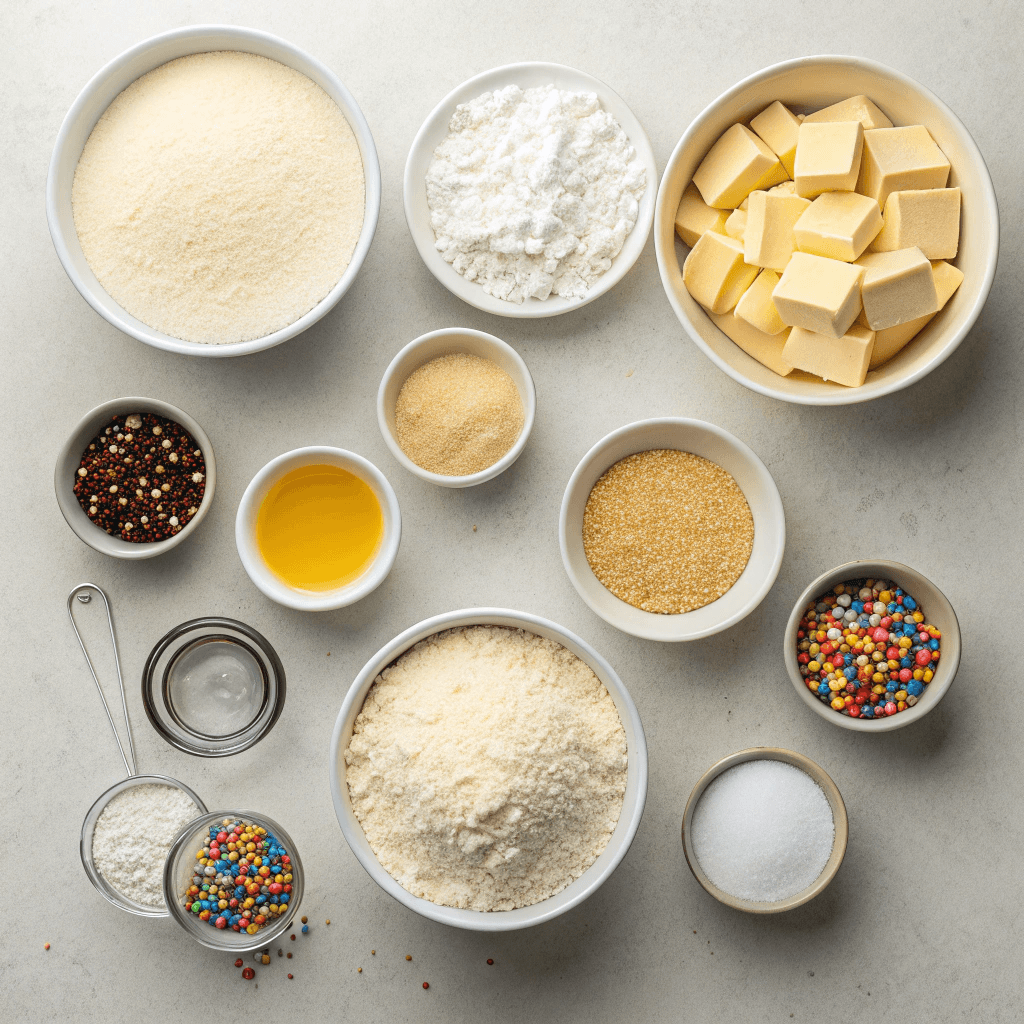 Flat-lay ingredients for sugar cookie cheesecake crust including flour, butter, sugar, and sprinkles