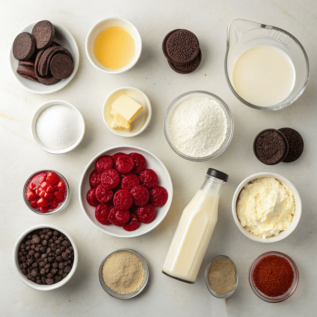 Flat-lay ingredients for red velvet cheesecake including Oreos, cream cheese, sugar, and red food coloring