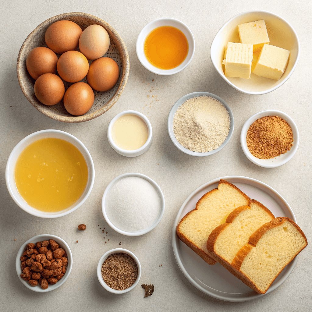 Flat-lay ingredients for crème brûlée French toast including eggs, challah, milk, sugar, and cream