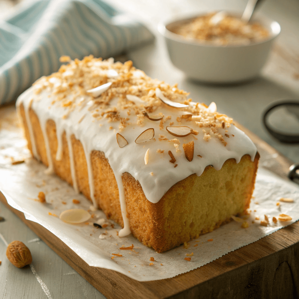 The Best Moist Coconut Loaf Cake Recipe 1 Close-up slice of coconut loaf cake topped with icing and toasted coconut
