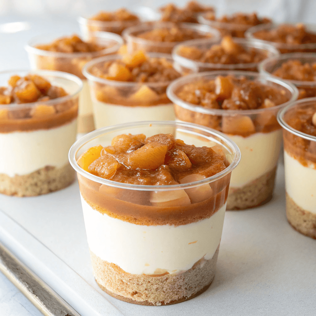 Close-up caramel apple dessert cups with layers of crust, cream, and apple topping