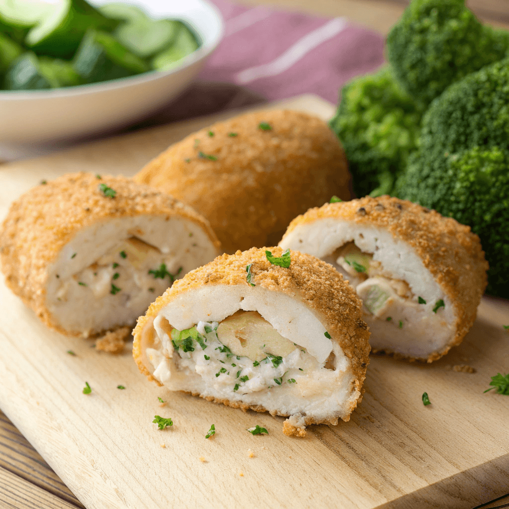 Close-up golden chicken pillow filled with creamy shredded chicken