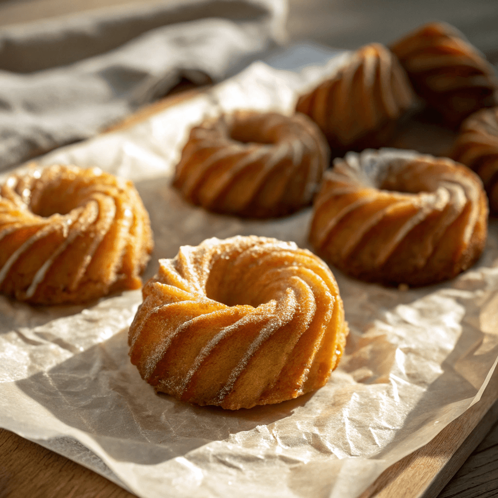 Close-up golden French crullers with shiny glaze on parchment paper