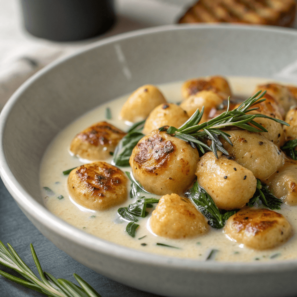 Pan-seared gnocchi in creamy parmesan sauce with herbs