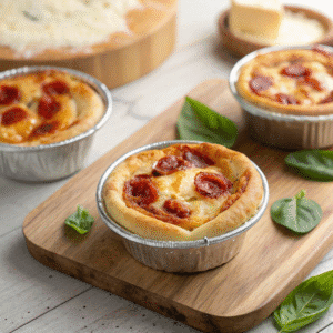 Close-up of pizza pot pies baked in aluminum cups on a wooden board