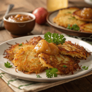 Crispy German potato pancakes served with applesauce and parsley