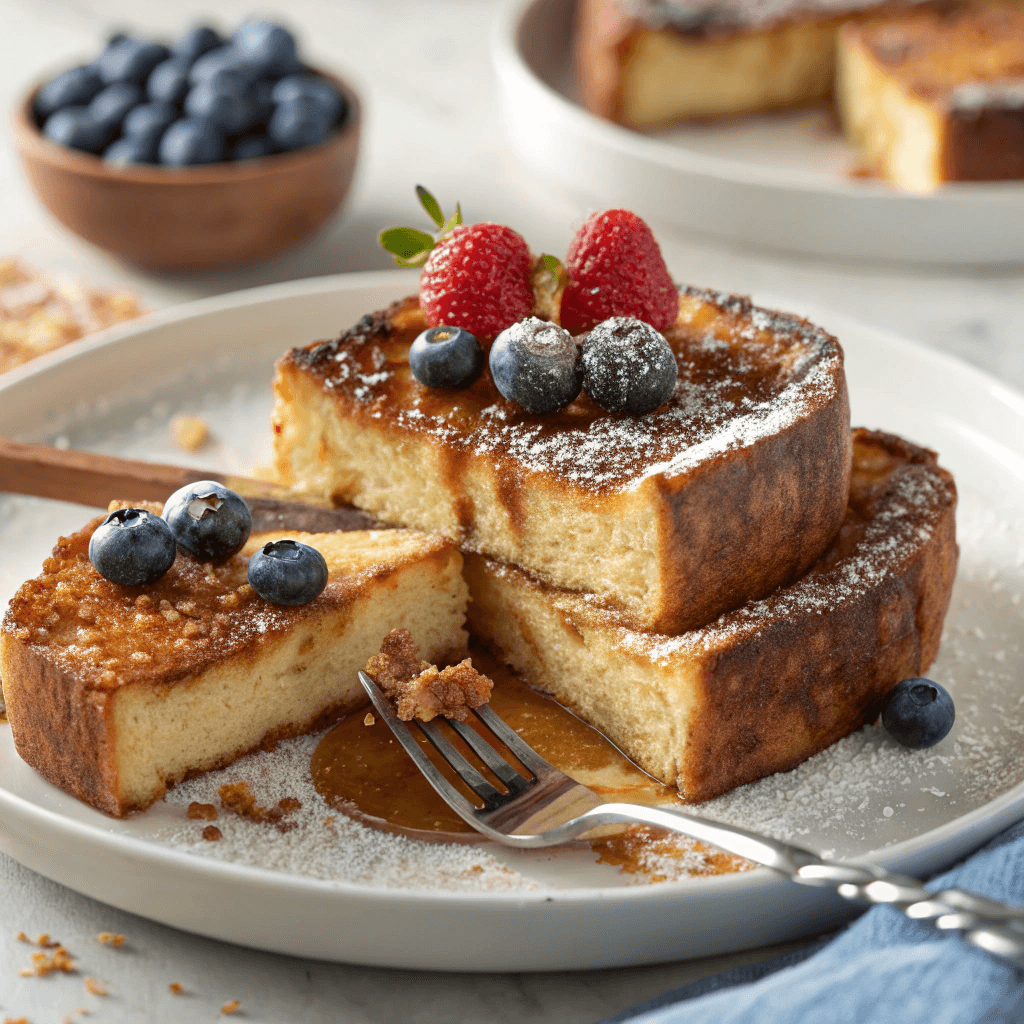 Thick crème brûlée French toast slices topped with raspberries and blueberries