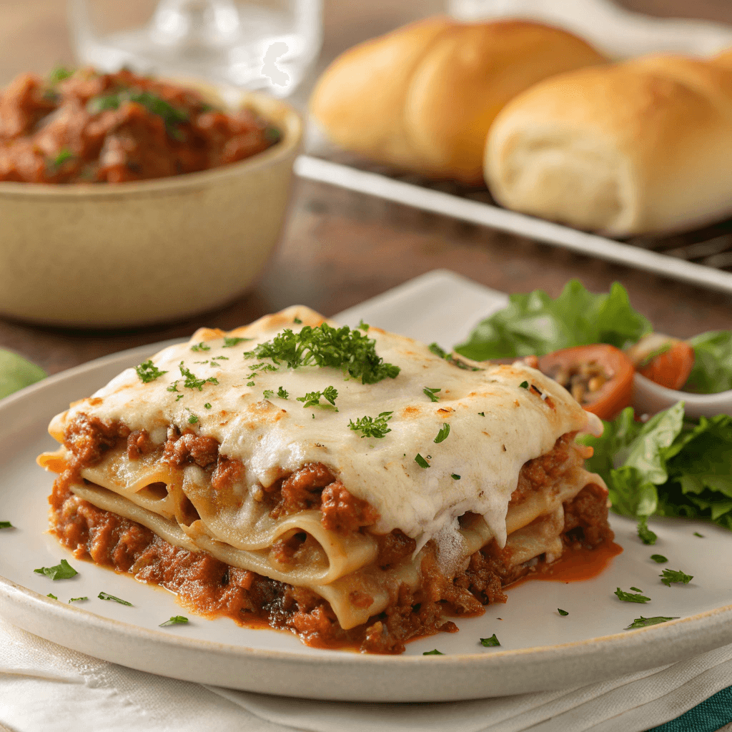 Close-up slice of million dollar lasagna with melted cheese and parsley