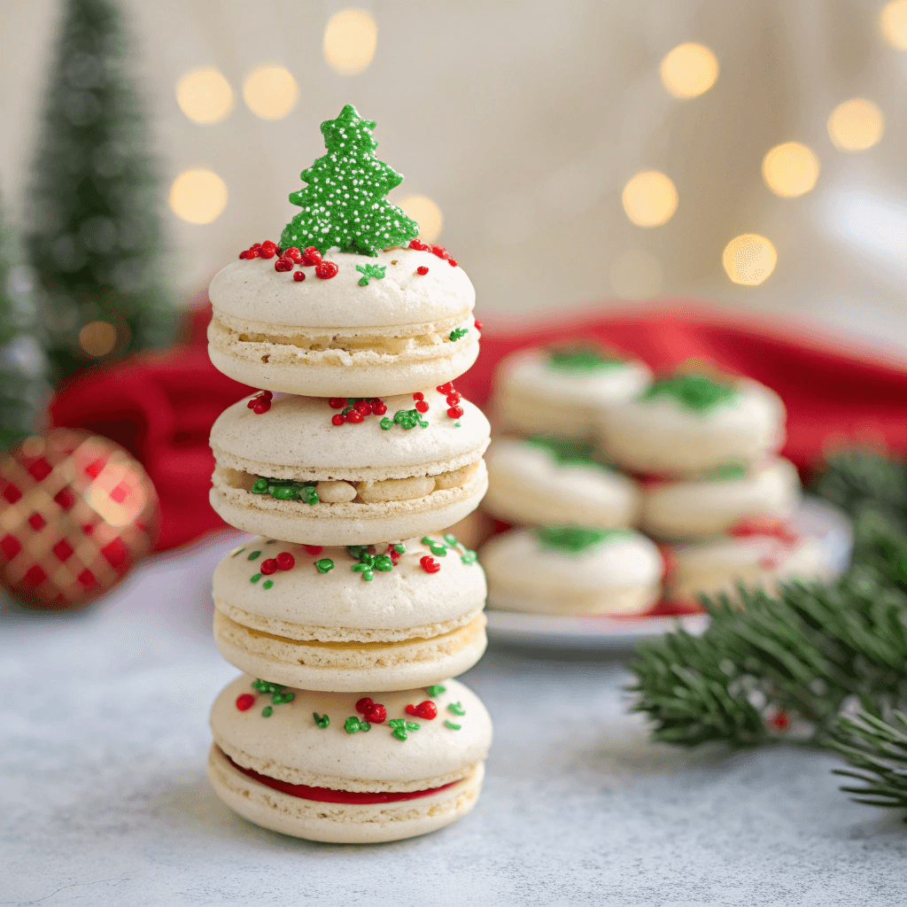 Close-up stacked Christmas Tree Cake macarons with red drizzle and green sprinkles