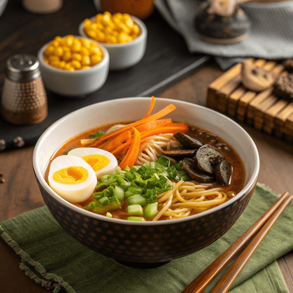 Full bowl of ramen with soft-boiled eggs and assorted toppings