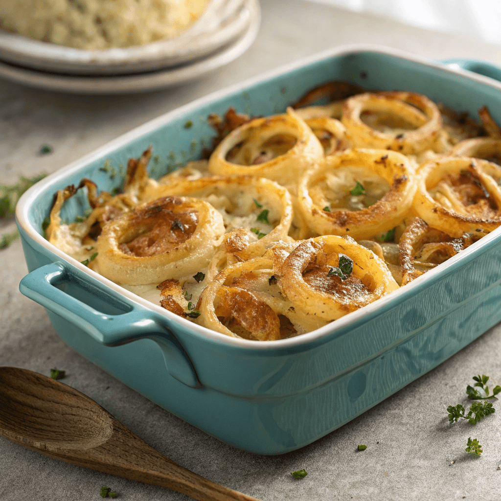 Classic Southern Tennessee Onions Casserole 4 A turquoise baking dish filled with golden-browned Tennessee onions topped with melted cheese and herbs.