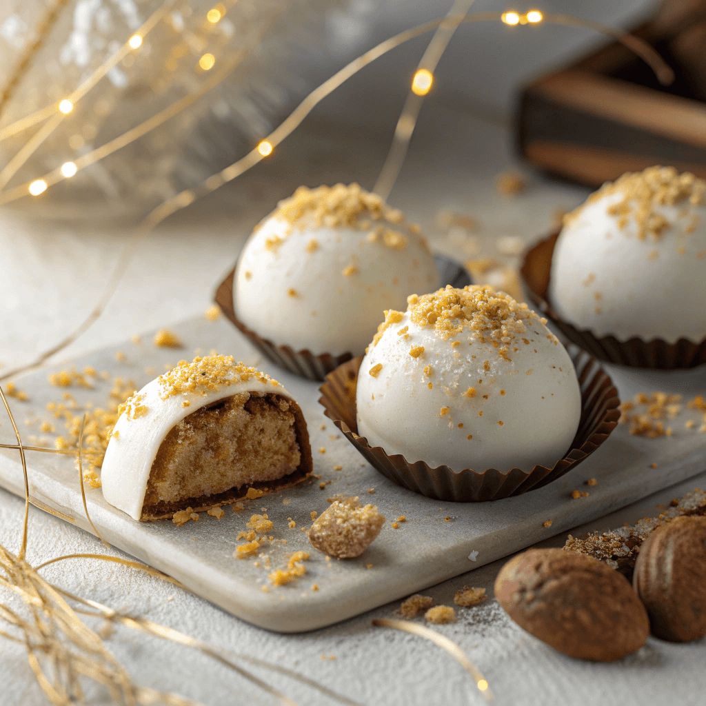 Hyper-realistic gingerbread truffles coated in white chocolate with crumb topping