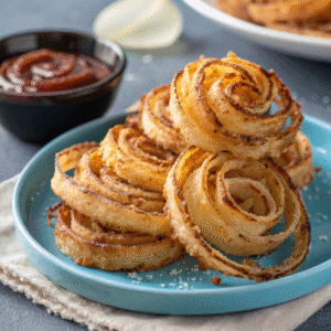 Deeply roasted parmesan onion spirals on a blue plate with dipping sauce.