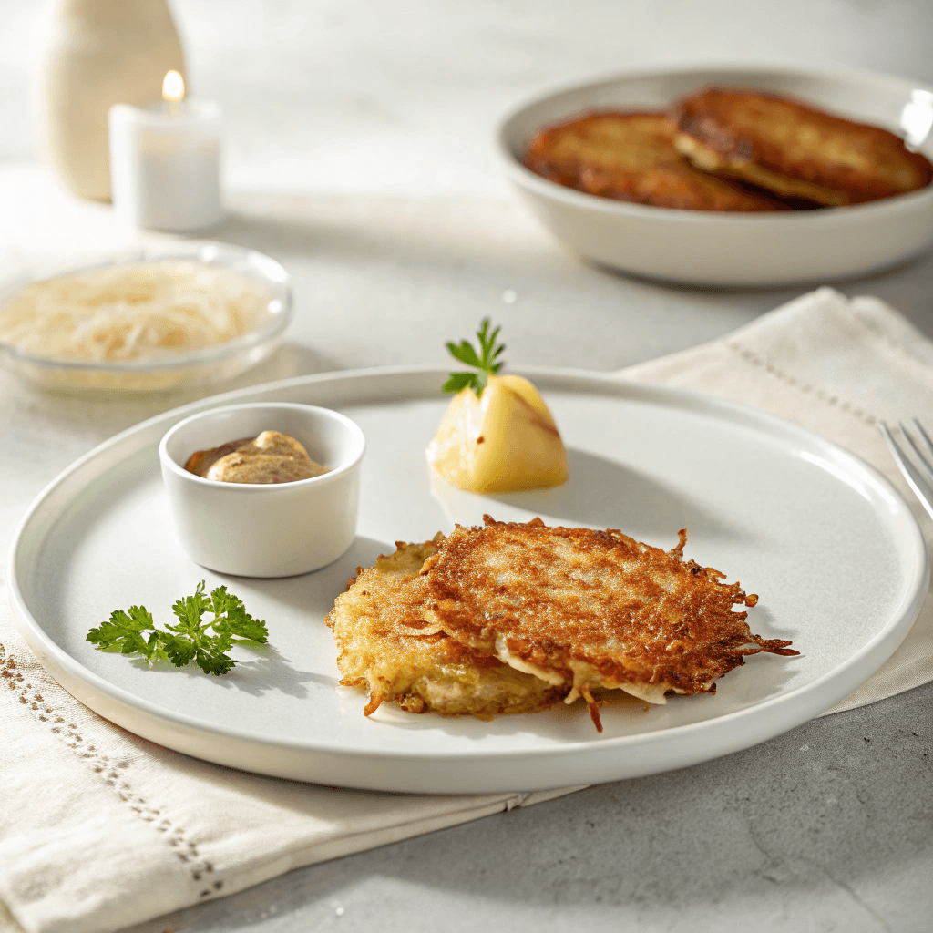 Golden potato pancakes served simply on a white plate