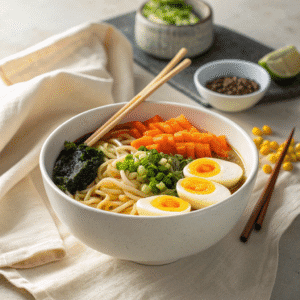 Clean ramen bowl with eggs and colorful toppings on a soft neutral background
