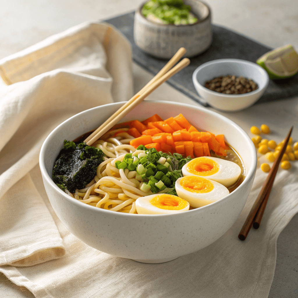 Clean ramen bowl with eggs and colorful toppings on a soft neutral background