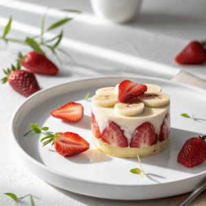 Single serving of strawberry banana pudding on a white plate