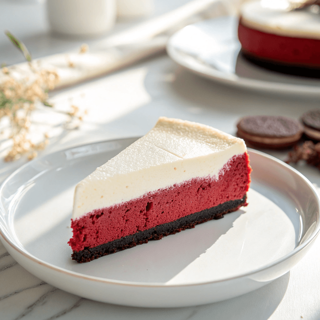 Red velvet cheesecake slice on a clean white plate with white topping