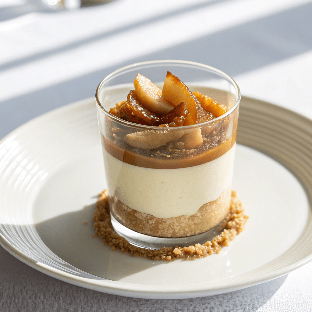 Single caramel apple dessert cup on a minimalist white plate