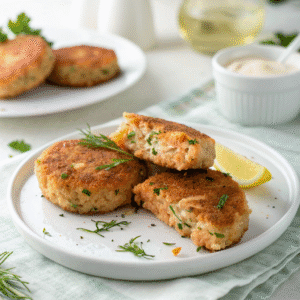 Crispy salmon patties arranged neatly on a white plate