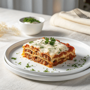 Lasagna slice served on a white plate with melted cheese top