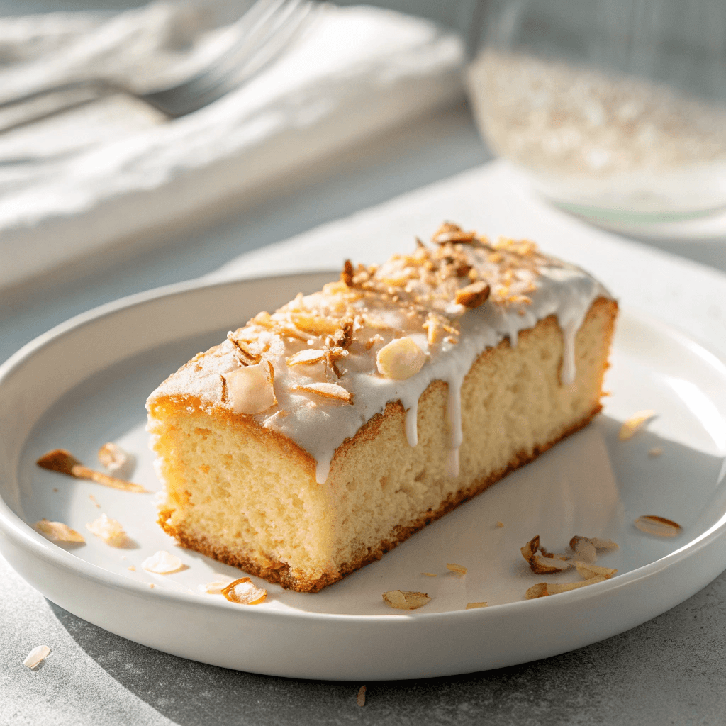 The Best Moist Coconut Loaf Cake Recipe 2 Single slice of coconut loaf cake on a white plate with clean minimal styling