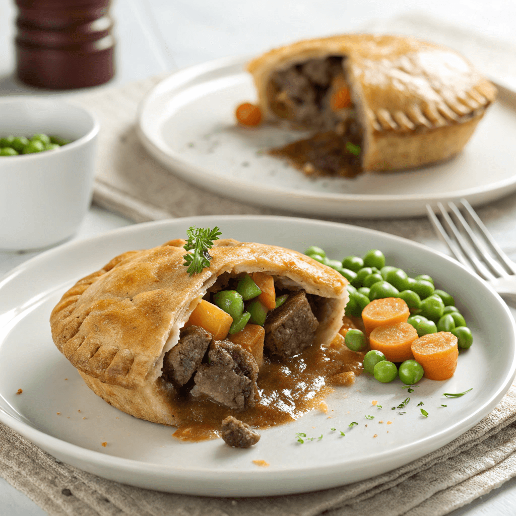 Single beef hand pie on a white plate showing golden pastry and rich beef-and-vegetable filling.