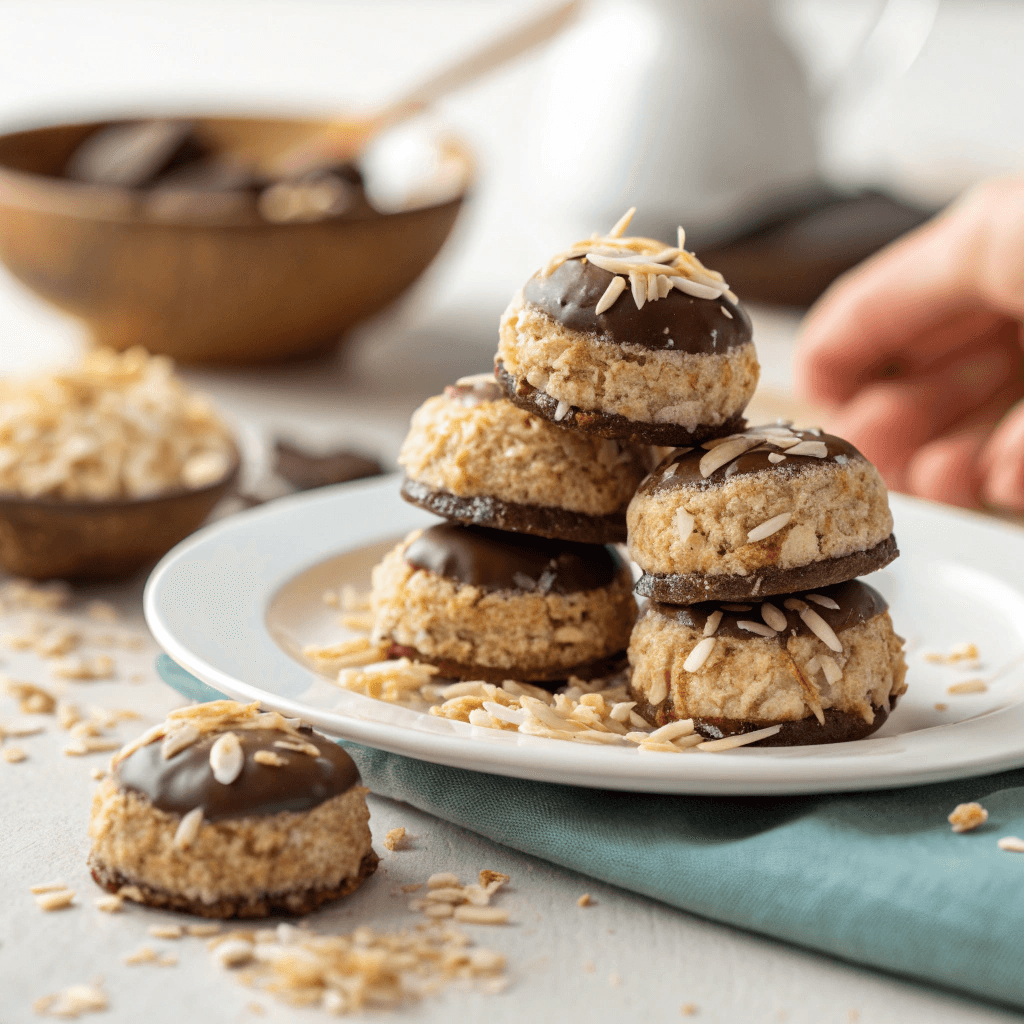 a plate of oatmeal chocolate coconut macaroons pil - Delicious No-Bake Oatmeal Chocolate Coconut Macaroons