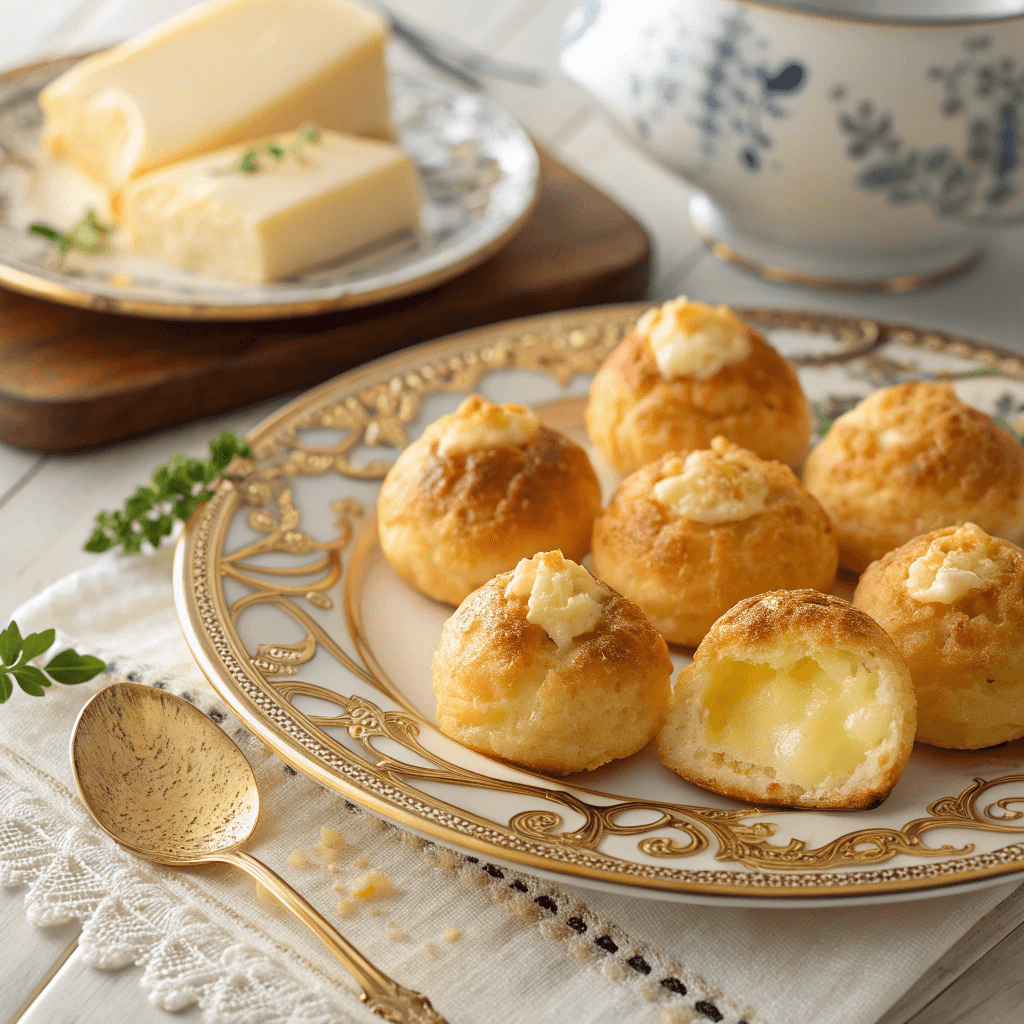 a plate of warm golden cheese puffs with lightly - Classic Cheese Puffs (Gougères) Recipe