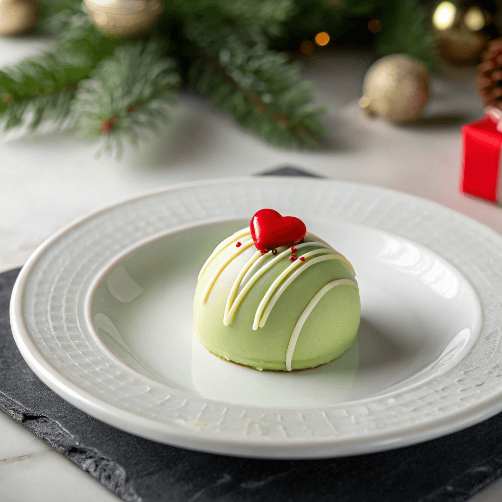 Single Grinch Oreo truffle on a white plate with light green coating and a red heart sprinkle.