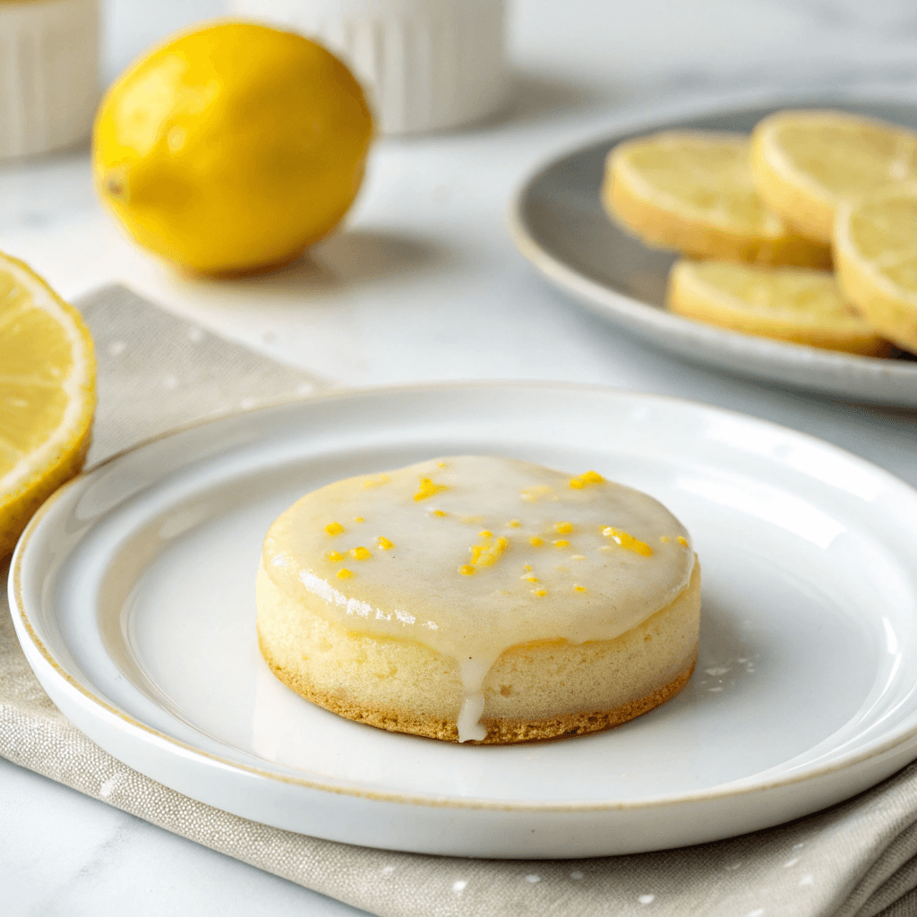 Single lemon meltaway cookie with lemon glaze on a clean white plate.