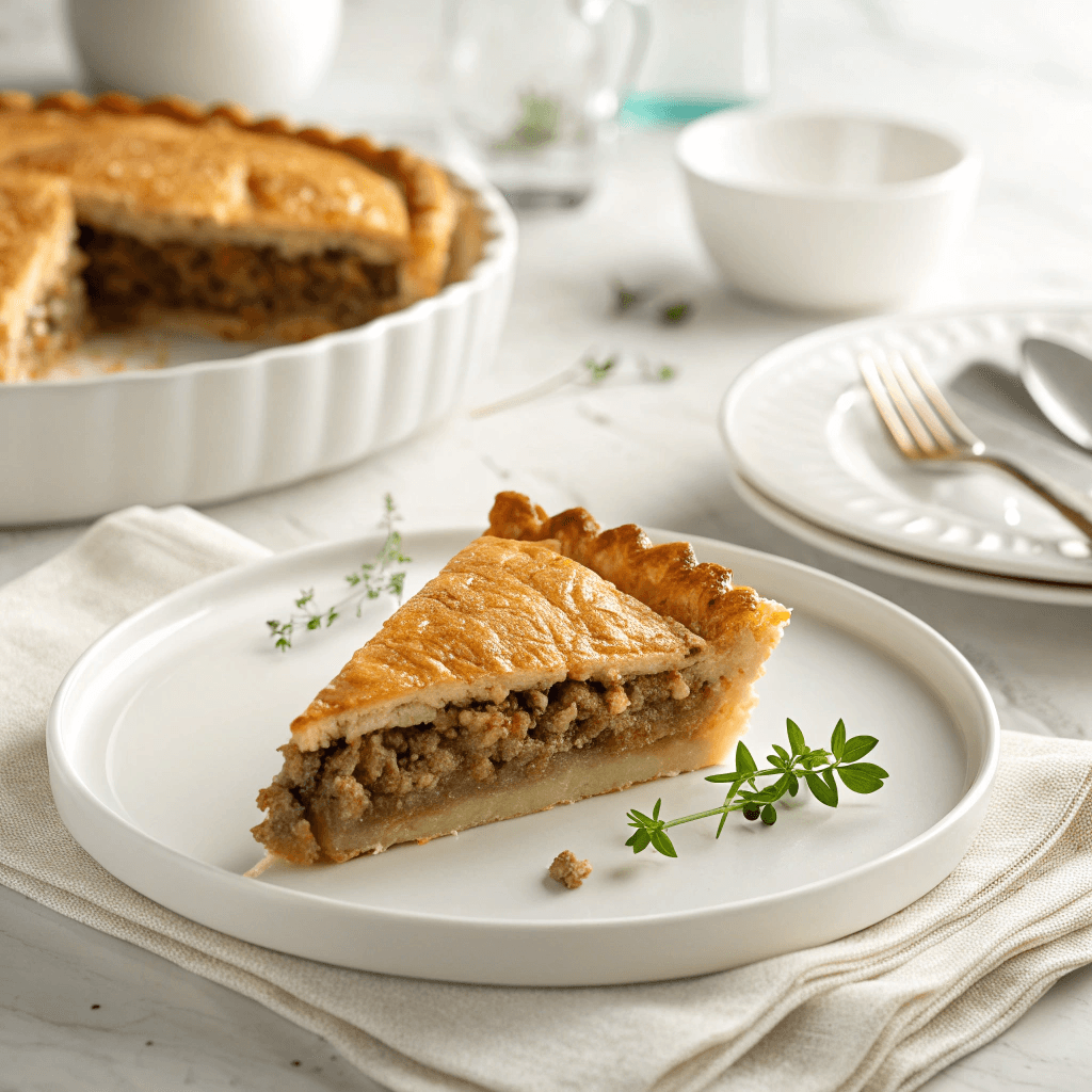 Single slice of French Canadian meat pie with flaky crust and savory filling on a clean white plate.