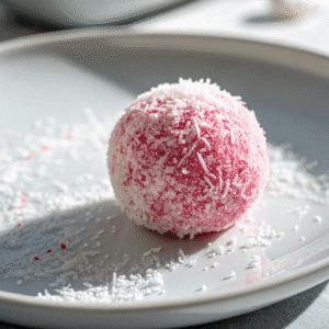 Single raspberry coconut ball coated in pink and white coconut flakes on a clean white plate.