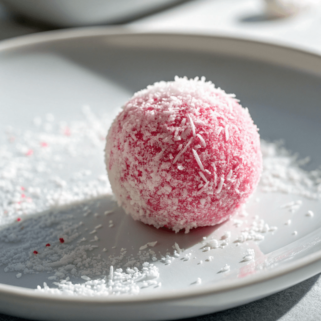 Single raspberry coconut ball coated in pink and white coconut flakes on a clean white plate.