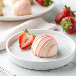 Single strawberry cheesecake truffle with white chocolate shell and pink drizzle on a white plate.