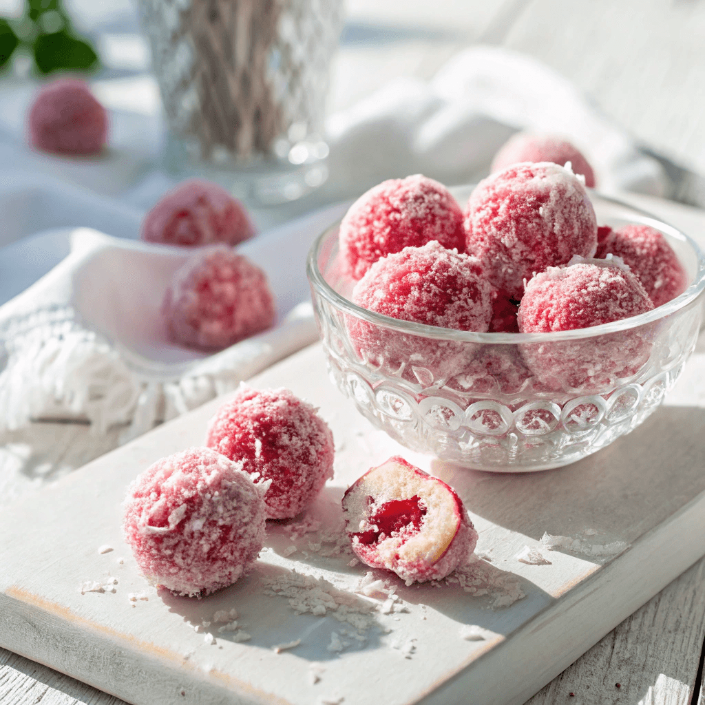 Close-up of raspberry coconut balls coated in pink and white coconut flakes with creamy centers.