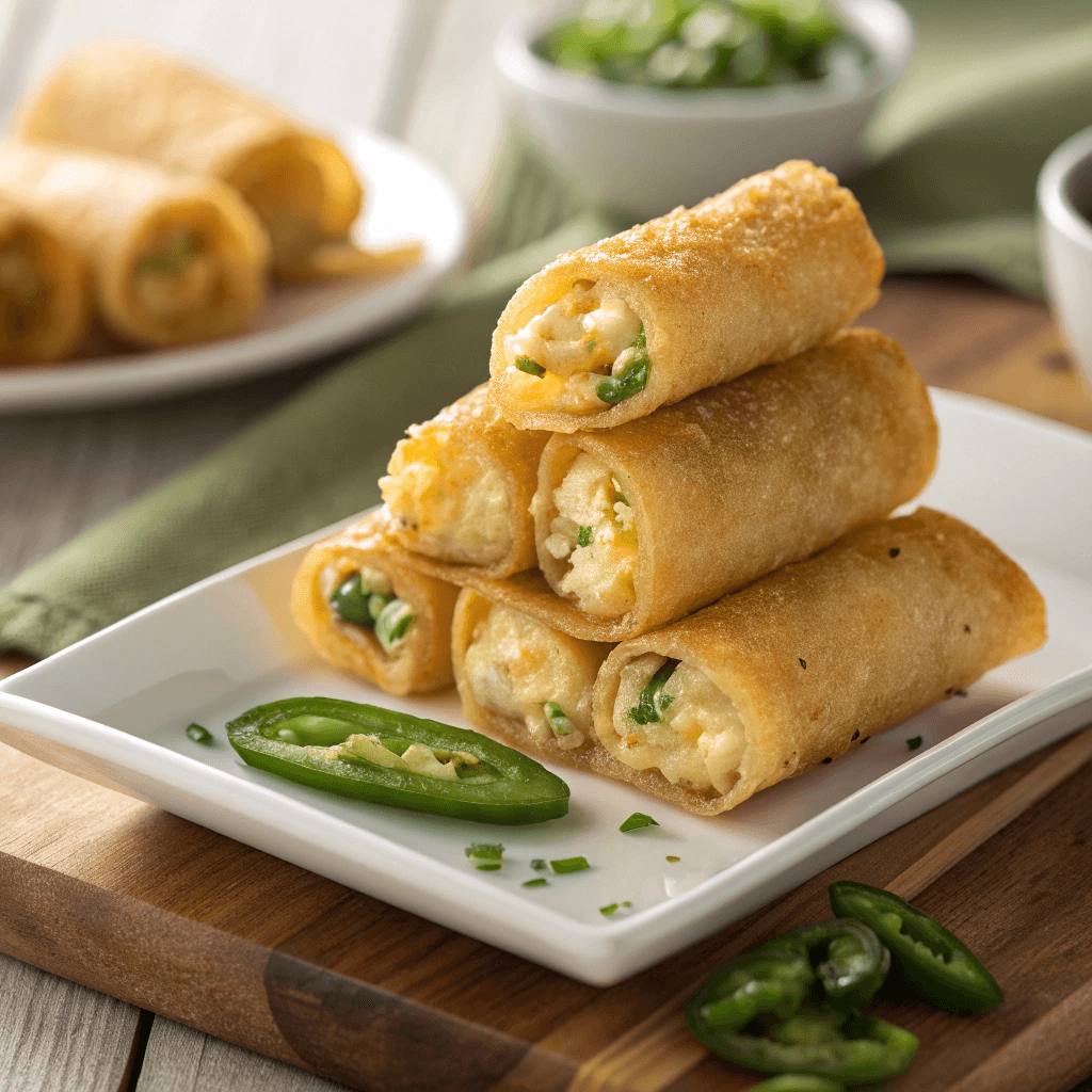 a stack of mini jalape o popper egg rolls with gol - Crispy Mini Jalapeño Popper Egg Rolls