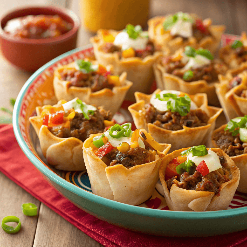 Easy Taco Ranch Bites: Your Go-To Party Appetizer 3 Platter of crispy taco ranch bites filled with seasoned meat and melted cheese.