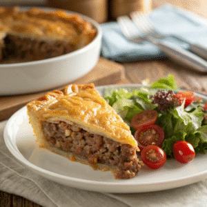 Close-up of French Canadian meat pie slice with flaky crust, beef and pork filling, and potatoes served with salad.
