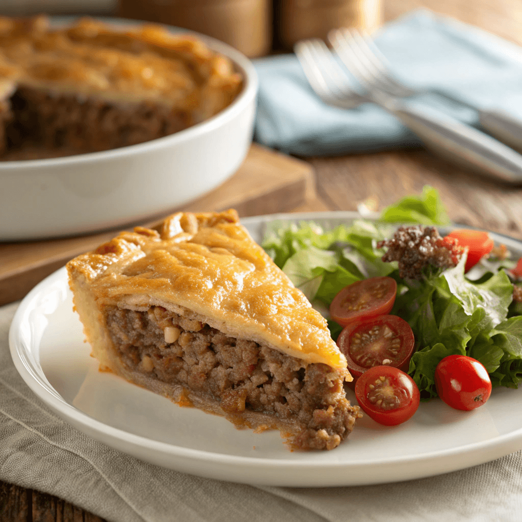 Close-up of French Canadian meat pie slice with flaky crust, beef and pork filling, and potatoes served with salad.