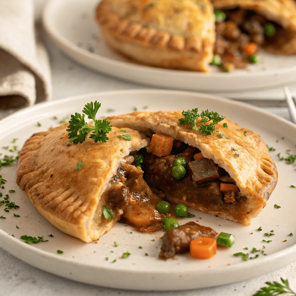 Close-up of a beef hand pie cut open on a white plate showing flaky crust and hearty beef filling.