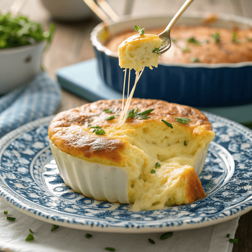 Easy Cheesy Egg Casserole: The Ultimate Bread-Free Brunch Recipe 4 Close-up of cheesy egg casserole with golden crust and stretchy melted cheese lifted by a fork.