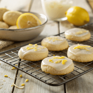 Close-up of lemon meltaway cookies with glossy lemon glaze cooling on a wire rack.