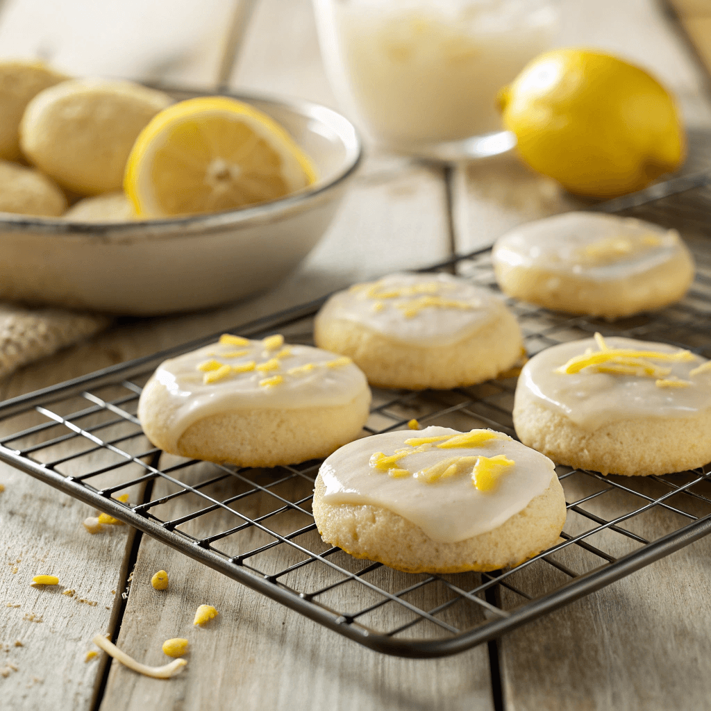 Close-up of lemon meltaway cookies with glossy lemon glaze cooling on a wire rack.