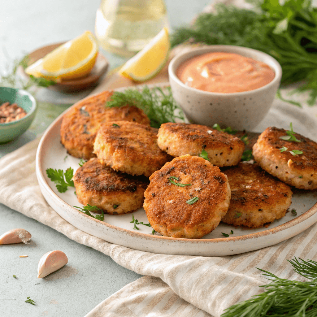 Full plate of salmon patties served with sauce on the side
