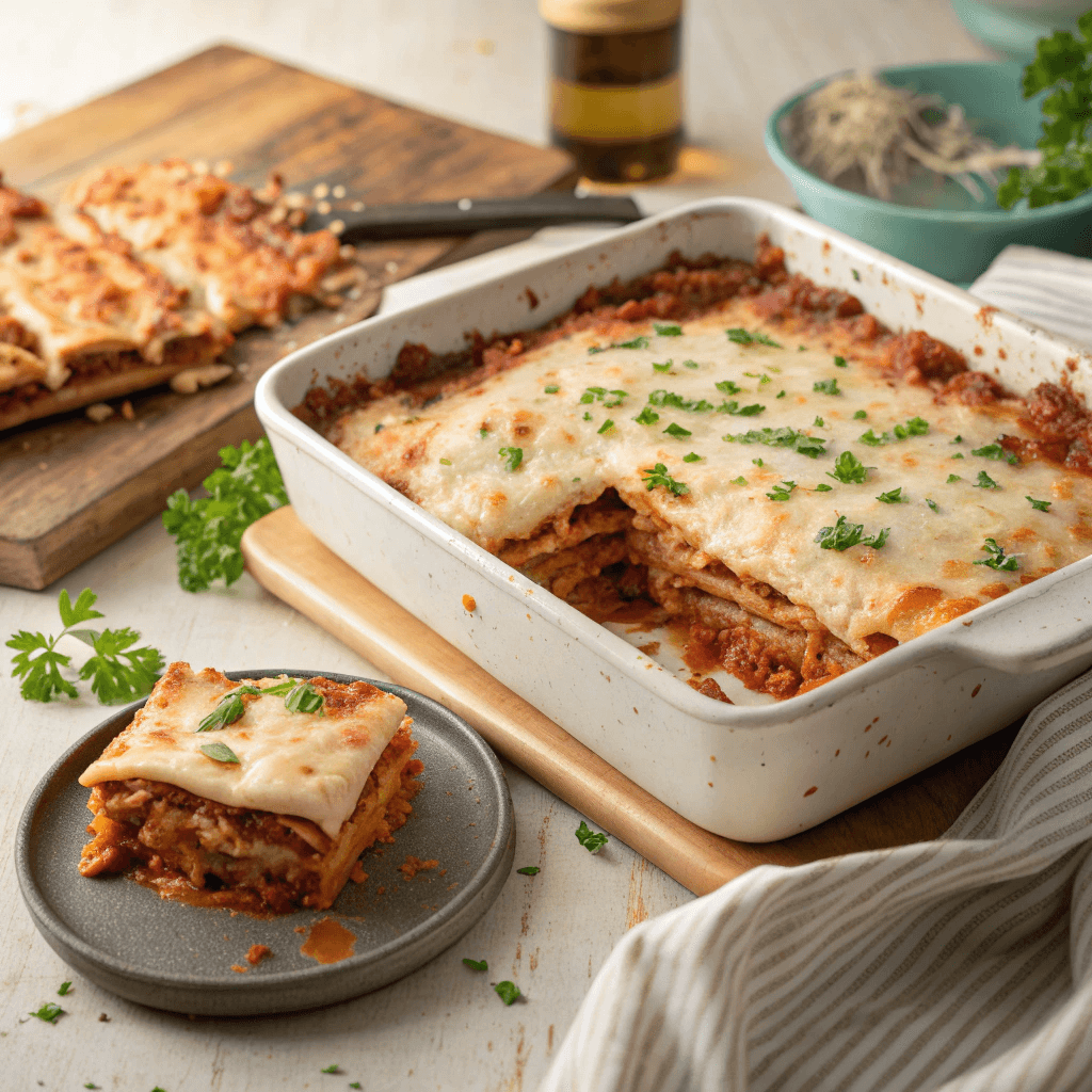 Whole lasagna in baking dish with melted cheese and parsley on top